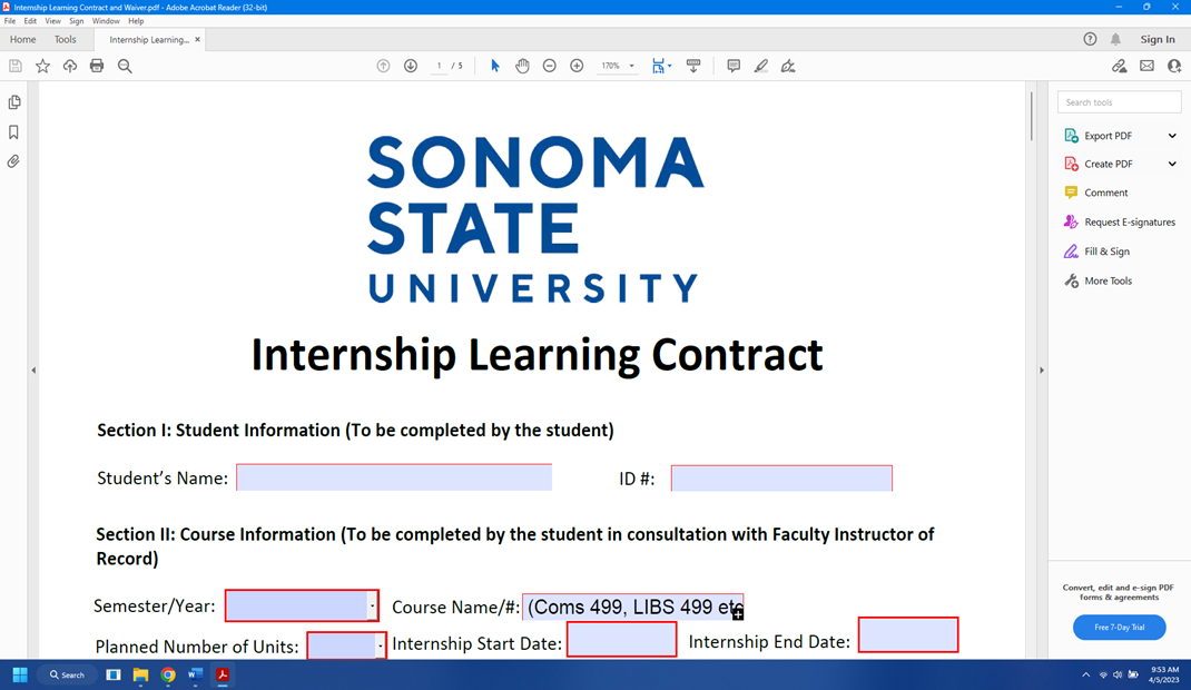 Sonoma State University Internship Learning Contract